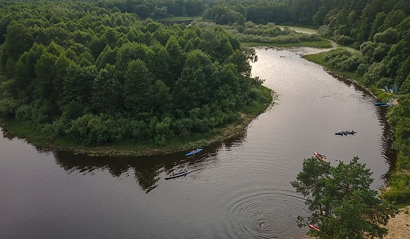 Gorgeous aerial panoramic view on the touristic part of the river Berezina in Belarus.