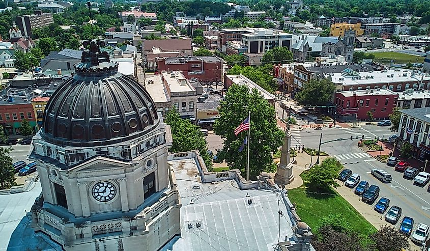 Aerial by Courthouse in Bloomington Indiana with tourist district