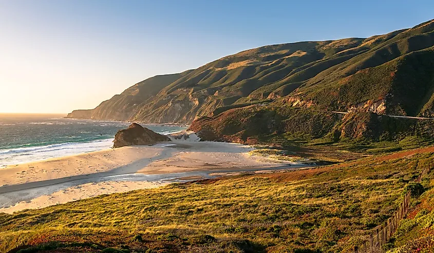 Big Sur river flowing out into the Pacific Ocean at Andrew Molera State Park south of Monterey, CA, Big Sur, California.
