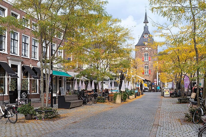 A street lined with shops in Vianen, Netherlands.
