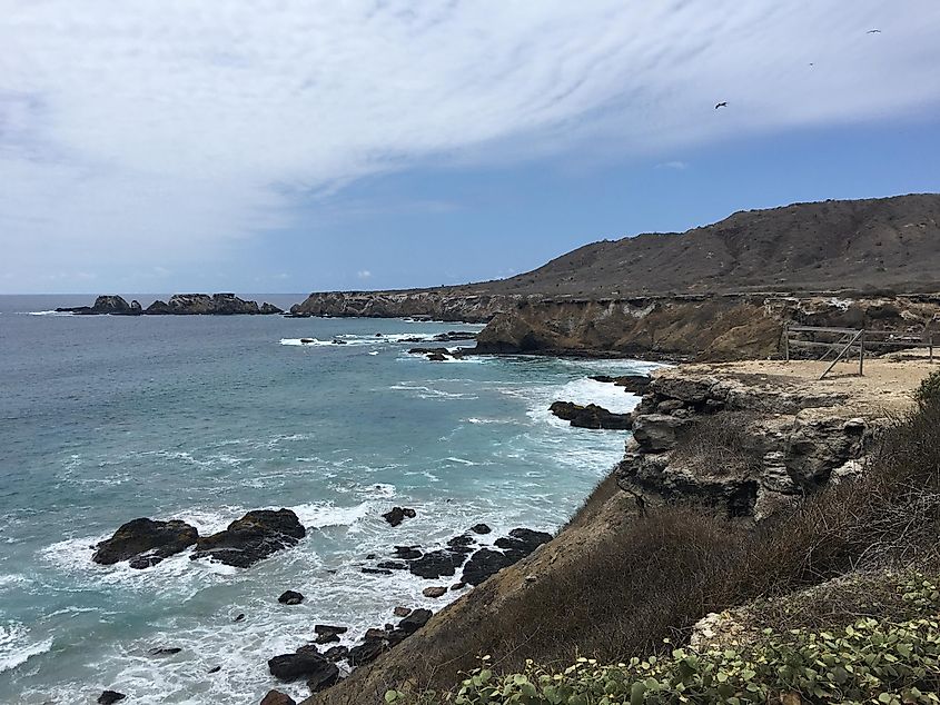 A rugged but beautiful island coastline looking out over the Pacific Ocean