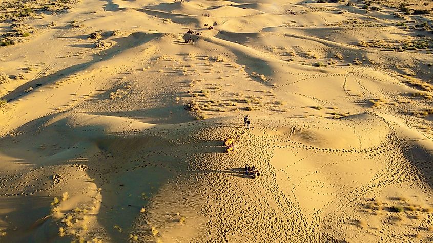 An aerial view of sand dunes in Thar Desert, Rajasthan, India.