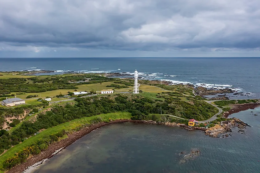 Aerial view of the Currie Harbour Lighthouse in Currie, Tasmania.