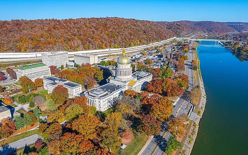 Aerial view of vibrant fall colors in Charleston, West Virginia