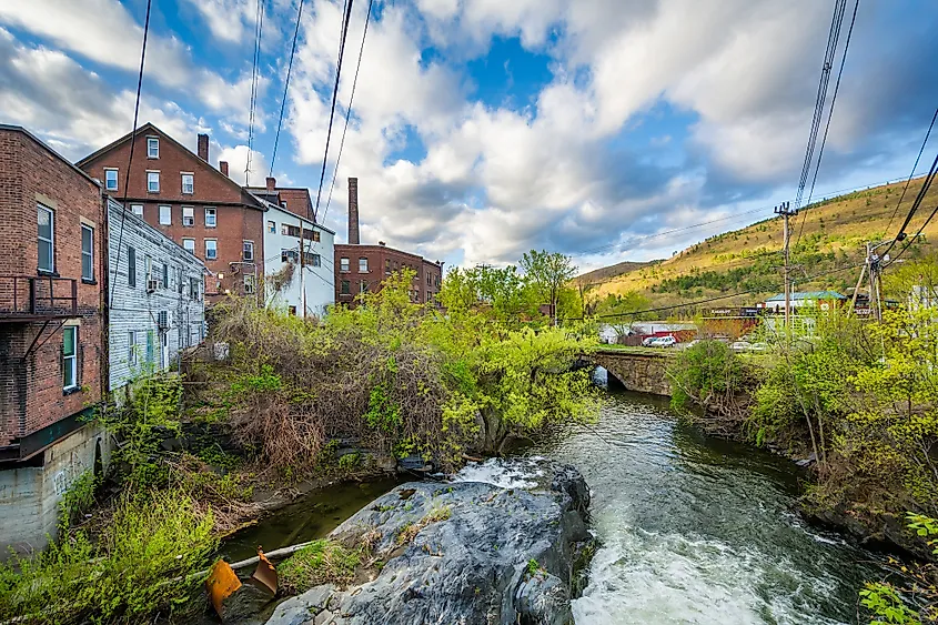 Cascades and old buildings along Whetstone Brook in Brattleboro, Vermont.