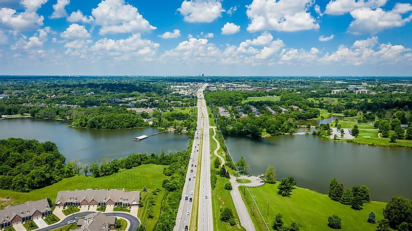 Aerial view of Jacobson Park Lake and Richmond Road in Lexington, Kentucky