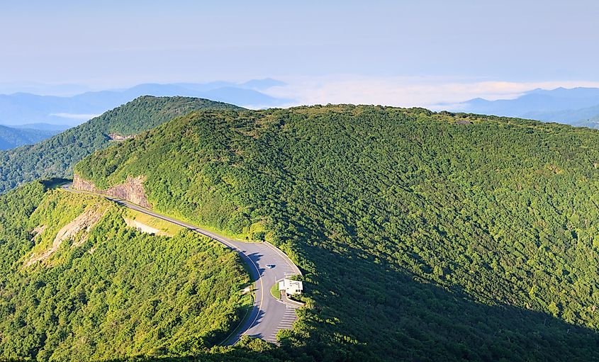 Blue Ridge Parkway at Mile Post 364 as it winds along the Craggy Garden Visitor Center near Asheville in Western North Carolina.