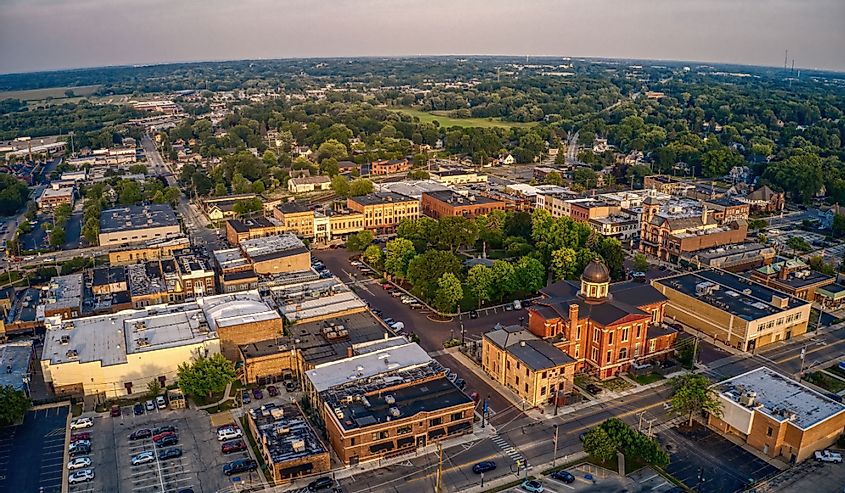 Aerial View of Downtown Woodstock, Illinois during Summer Twilight