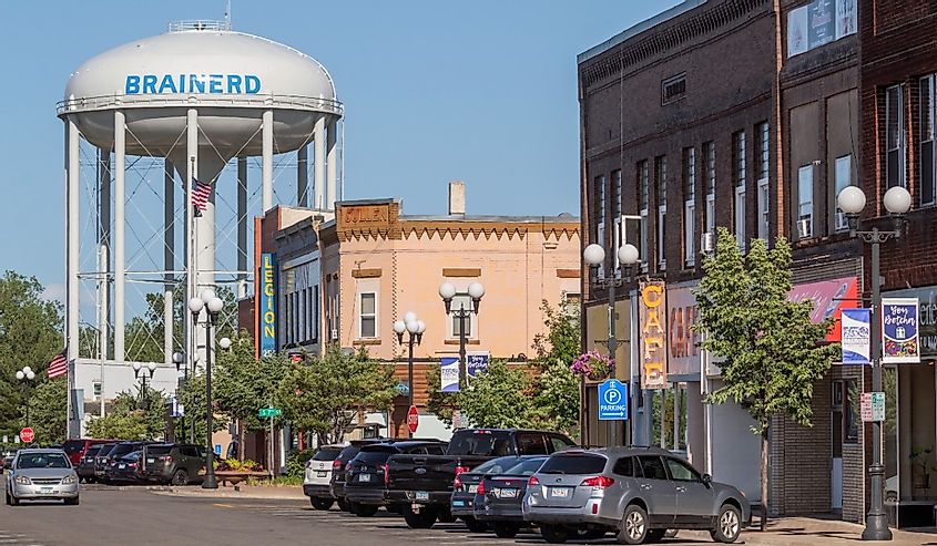 A Telephoto Shot Compressing Downtown Businesses and Restaurants and the Water Tower in Small Town Brainerd, Minnesota on a Clear Summer Day