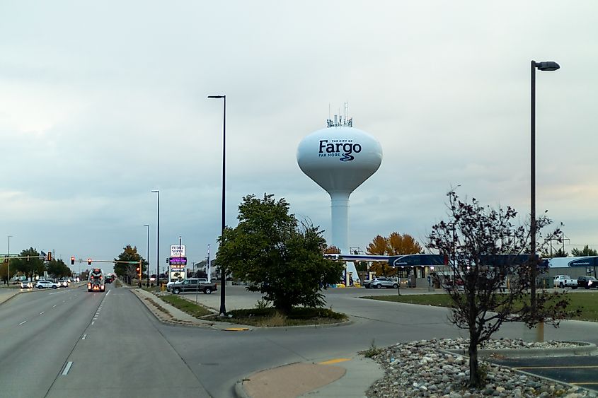 Iconic Fargo water tower standing tall in West Fargo, North Dakota.