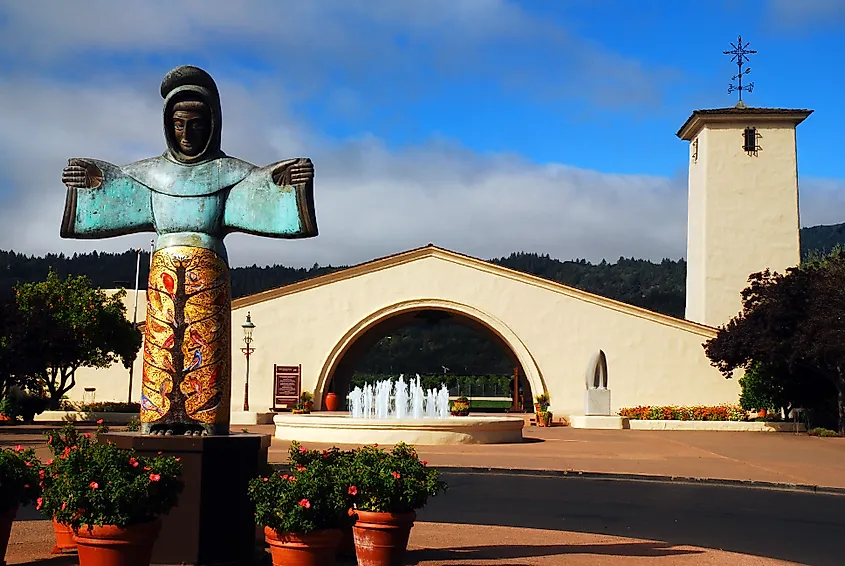 A statue of St Francis adorns the front courtyard of a winery in St, Helena, California,