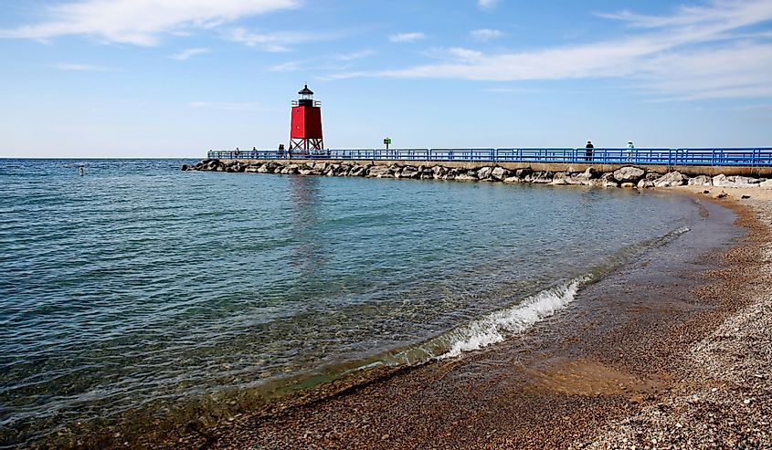Charlevoix South Pier Light Station in summer, Charlevoix, Michigan