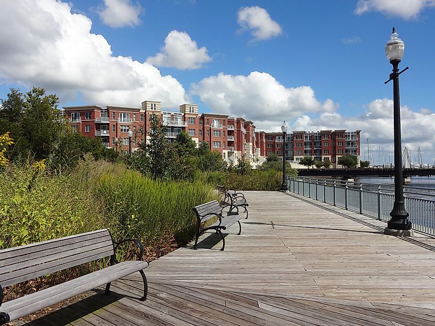Boardwalk in New Bern, North Carolina on a beautiful spring day.