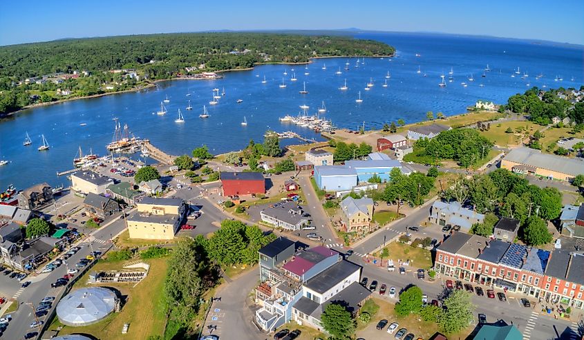 Aerial view of small town Belfast, Maine