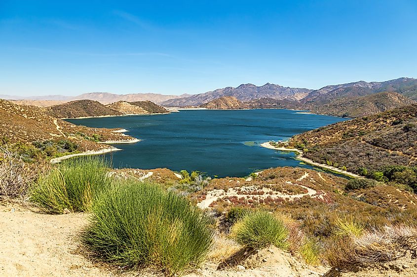 A view of the Pacific Crest Trail as it winds around Silverwood Lake in San Bernardino County, California