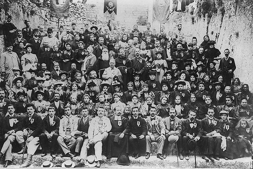 Christian pilgrims from Europe in the Tombs of the Kings in Jerusalem in 1895.