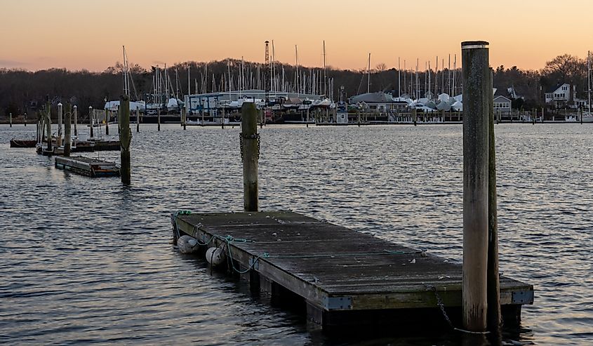 Docks are captured at Wickford Harbor at sunset, North Kingstown, Rhode Island.