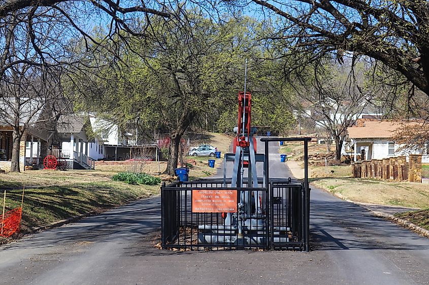 Worlds only main street oil well - pump jack in middle of street in Barnsdall Oklahoma