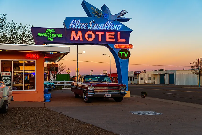 Neon signage along Route 66 in Tucumcari, New Mexico.