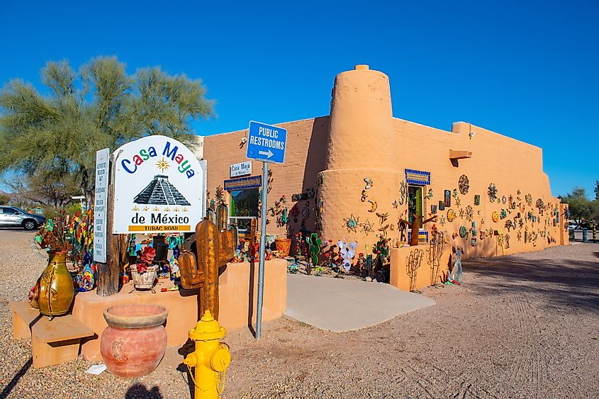 Historic adobe style buildings featured with handcraft arts around Tubac Plaza in historic town center of Tubac, Santa Cruz County, Arizona AZ, USA.
