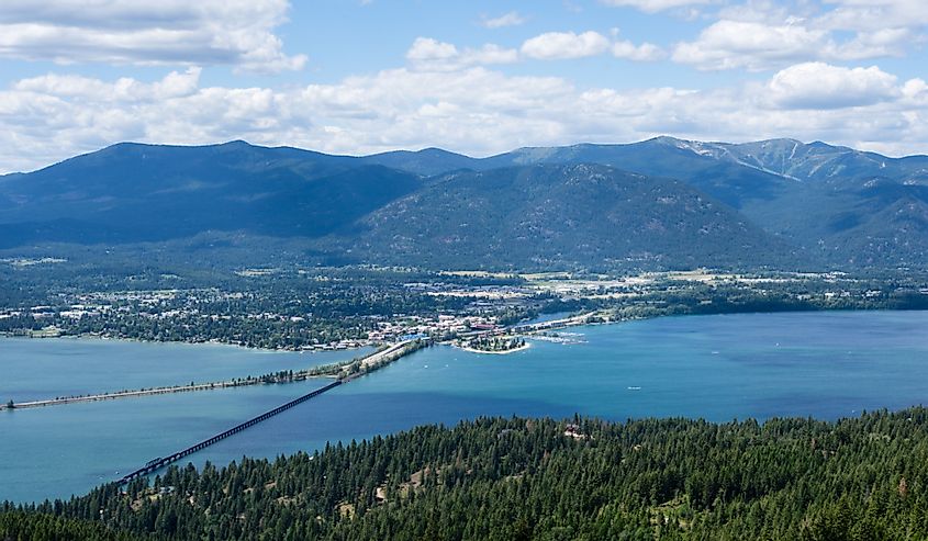 View of Lake Pend Oreille and the town of Sandpoint, Idaho, from the top of the mountain