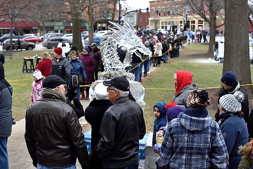 People admiring ice sculptures at the Annual Medina Ice Festival in Medina, Ohio.