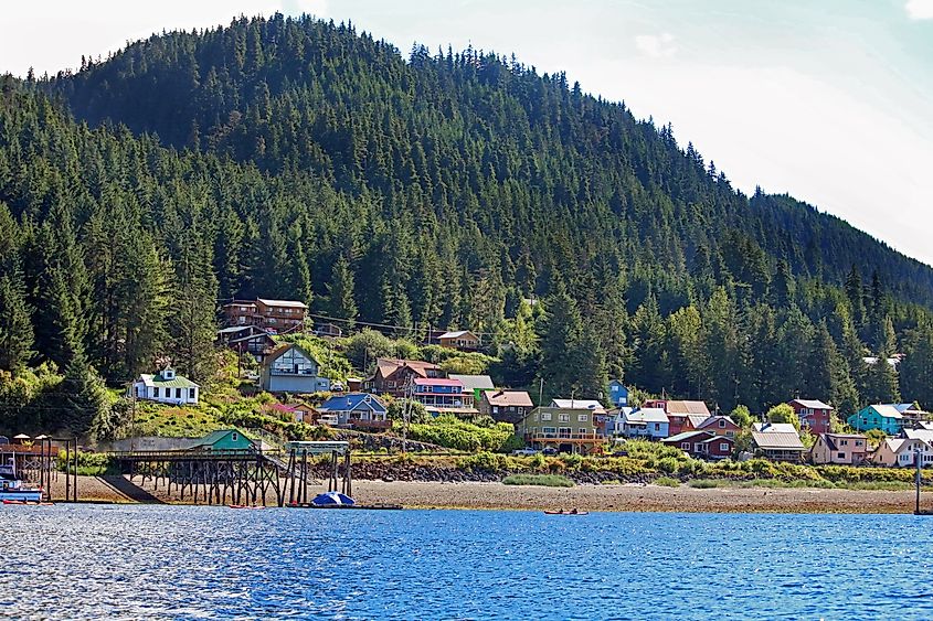 View of homes along the coast of Hoonah in Alaska.