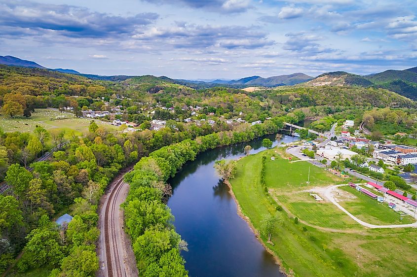 Aerial view of the James River and mountain landscape surrounding Buchanan, Virginia.