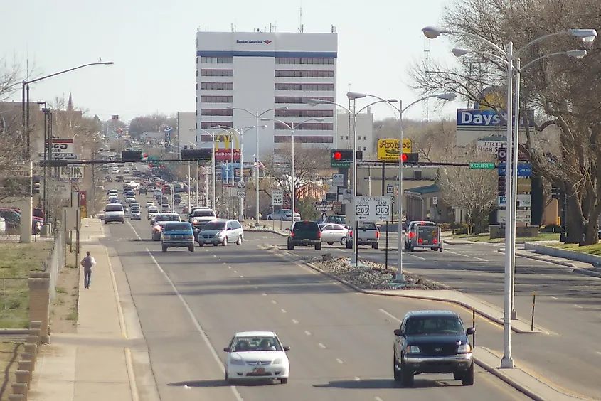 A view of Main Street in Roswell, New Mexico, from the pedestrian overpass on the New Mexico Military Institute campus.