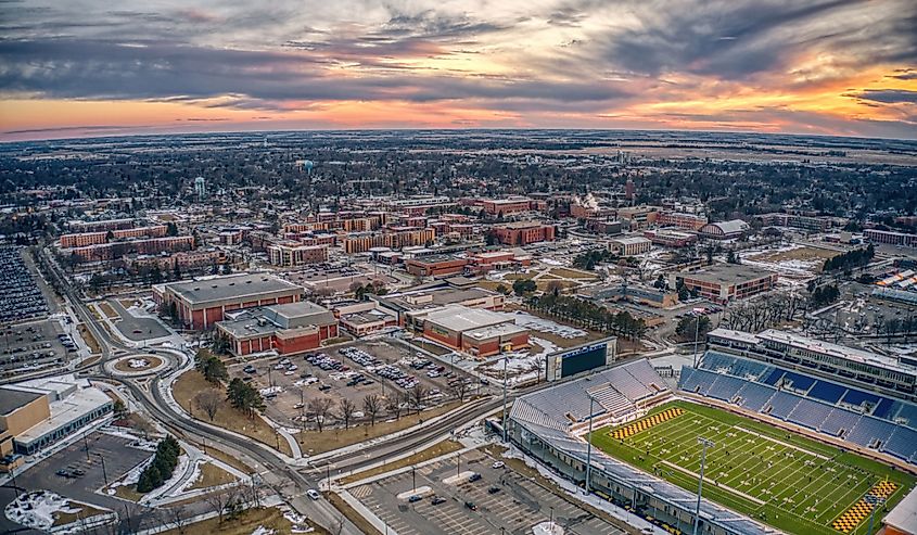 Aerial view of a University at dusk in Brookings, South Dakota