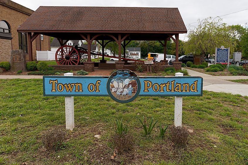 Sign for the Town of Portland stands on Main Street. 