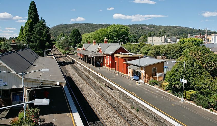Elevated view of country railway station, Bowral, New South Wales.