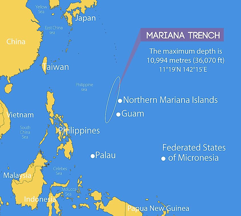 Location of the Mariana trench on a schematic vector map.