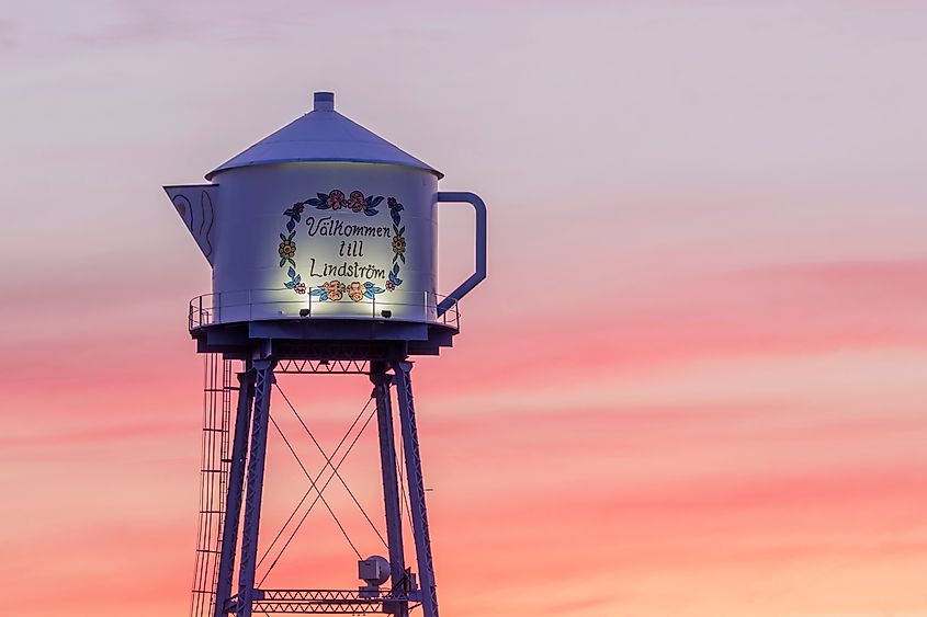The iconic coffee pot water tower of Lindstrom, Minnesota