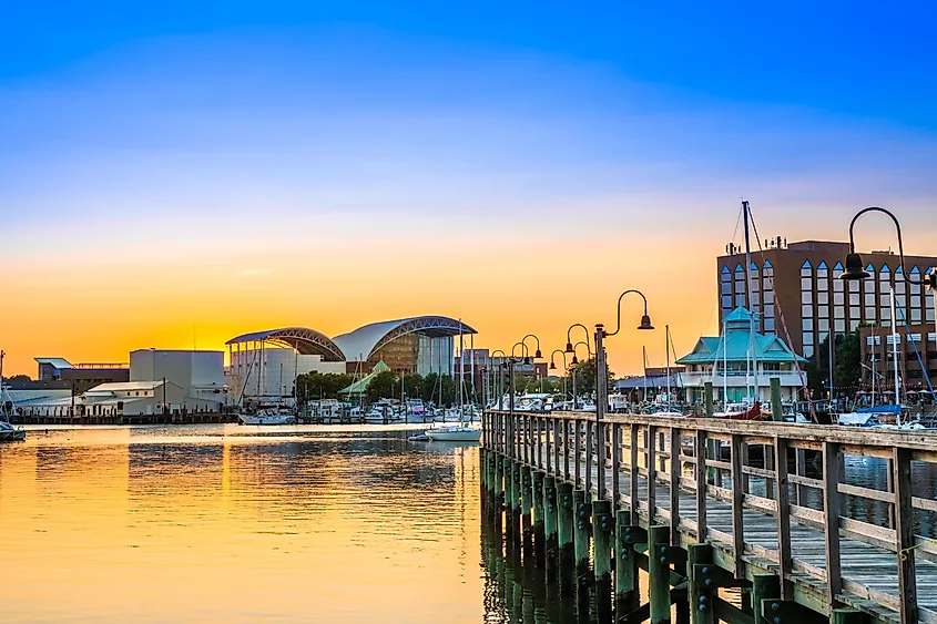 View of Hampton Virginia downtown waterfront district seen at sunset