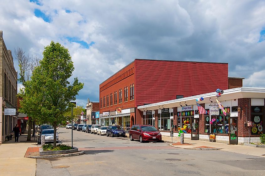 Historic commercial buildings on Main Street in the summer in Maynard's historic town center, Maynard, MA, USA.