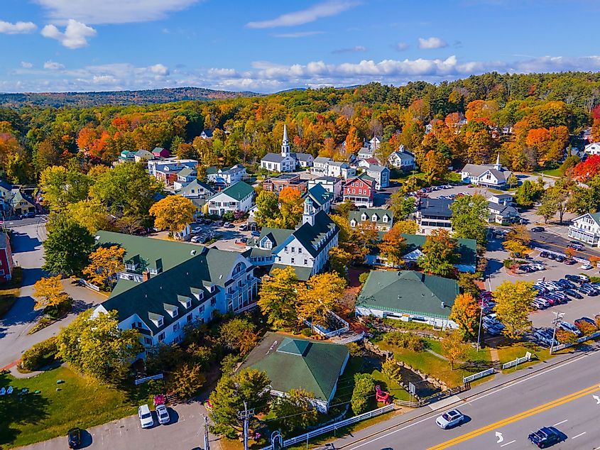 Aerial view of the Meredith town center with fall foliage