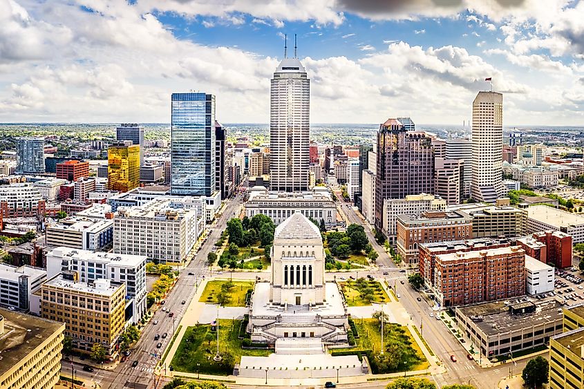 Aerial view of Indianapolis, Indiana skyline above Indiana World War Memorial and University park