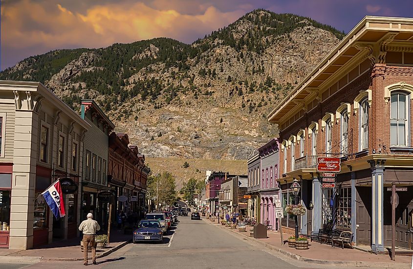 Various shops line downtown 6th Street in the tourist town of Georgetown, Colorado.