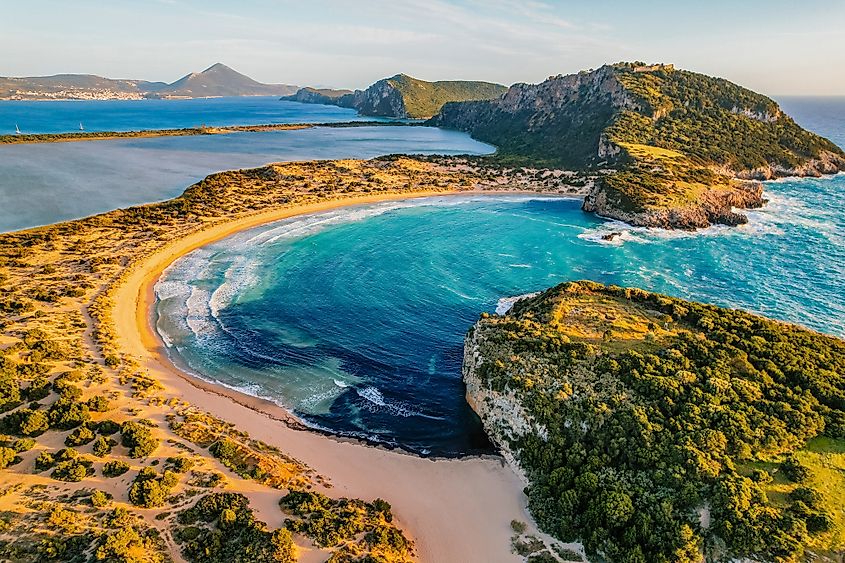 Aerial view of voidokilia beach, lagoon with beaches in mediterranean, Ionian Sea, Pylos town, Greece.