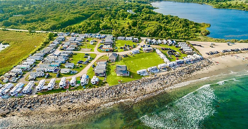 Aerial view of a large campground along the coast in Little Compton, Rhode Island.