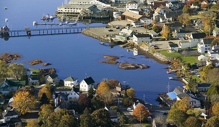 Aerial view of Boothbay Harbor on Maine coastline