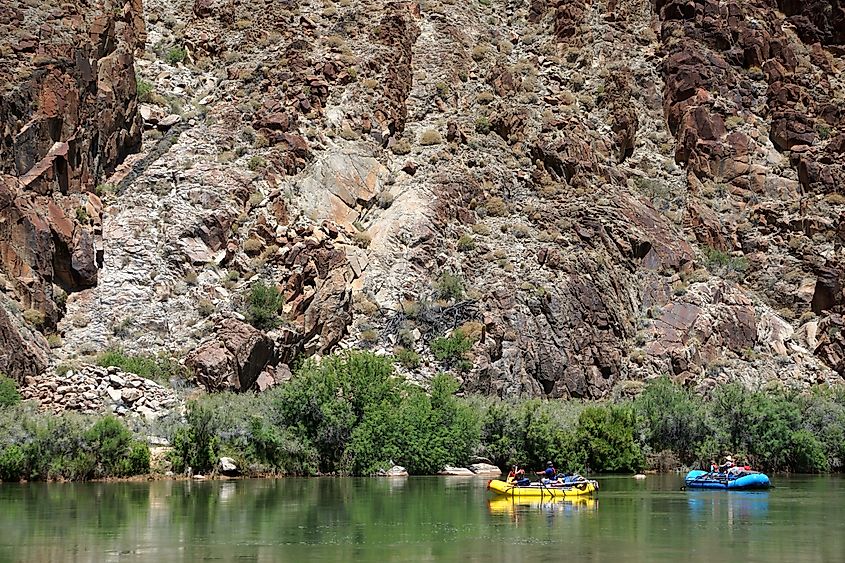 Rafts prepare to ride the rapids of the Colorado River at the end of Diamond Creek Road in Peach Springs Canyon, Arizona