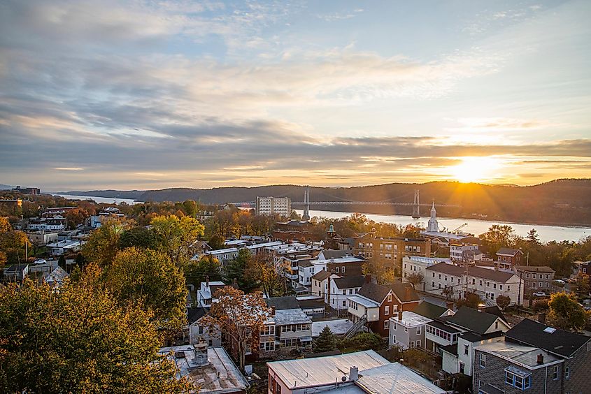 Aerial perspective capturing the sunset over Poughkeepsie.