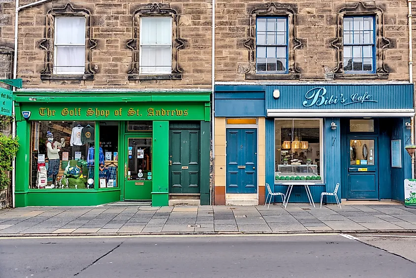 Historic golf shops, restaurants and hotels along the streets of St Andrews Scotland by the Old Course (Editorial credit: Todamo / Shutterstock.com)