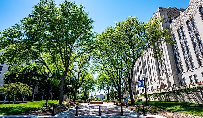 View down central sidewalk at Creighton University in the spring.