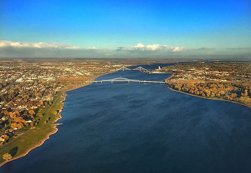 Columbia River flowing under multiple bridges as it passes through the Tri-Cities region of Washington
