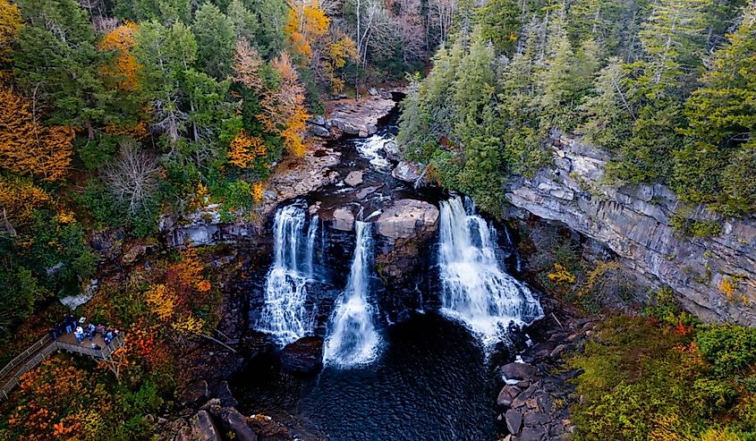 An aerial view of Blackwater Falls in a forest, Davis, West Virginia, United States