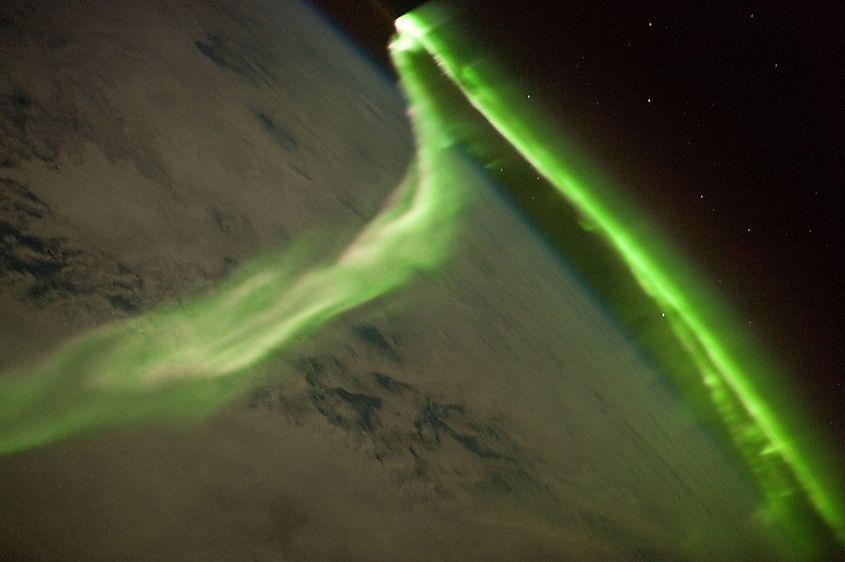 Aurora during a geomagnetic storm that was most likely caused by a coronal mass ejection from the Sun on 24 May 2010, taken from the International Space Station