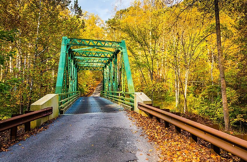 Autumn color and a bridge in Gunpowder Falls State Park, Maryland.